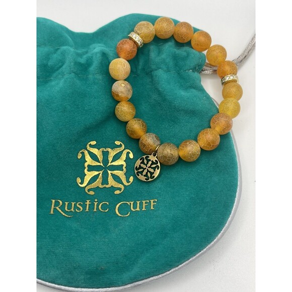 Rustic Cuff Orange Crackled Agate Stone Stretch Bracelet New - Picture 1 of 8